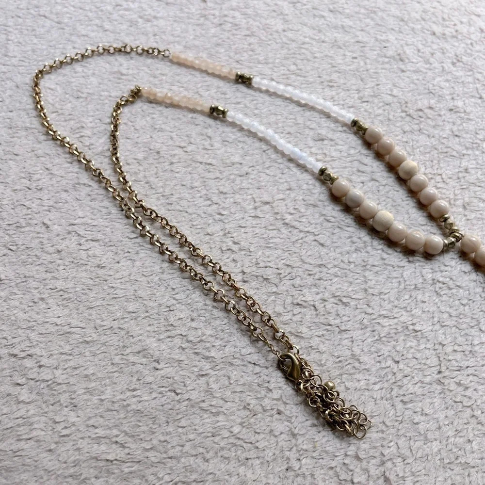 Agate Tassel Beaded Necklace Gold-Tone-Cream-Tan-White 22” Adjustable Chain NEW - Picture 4 of 9